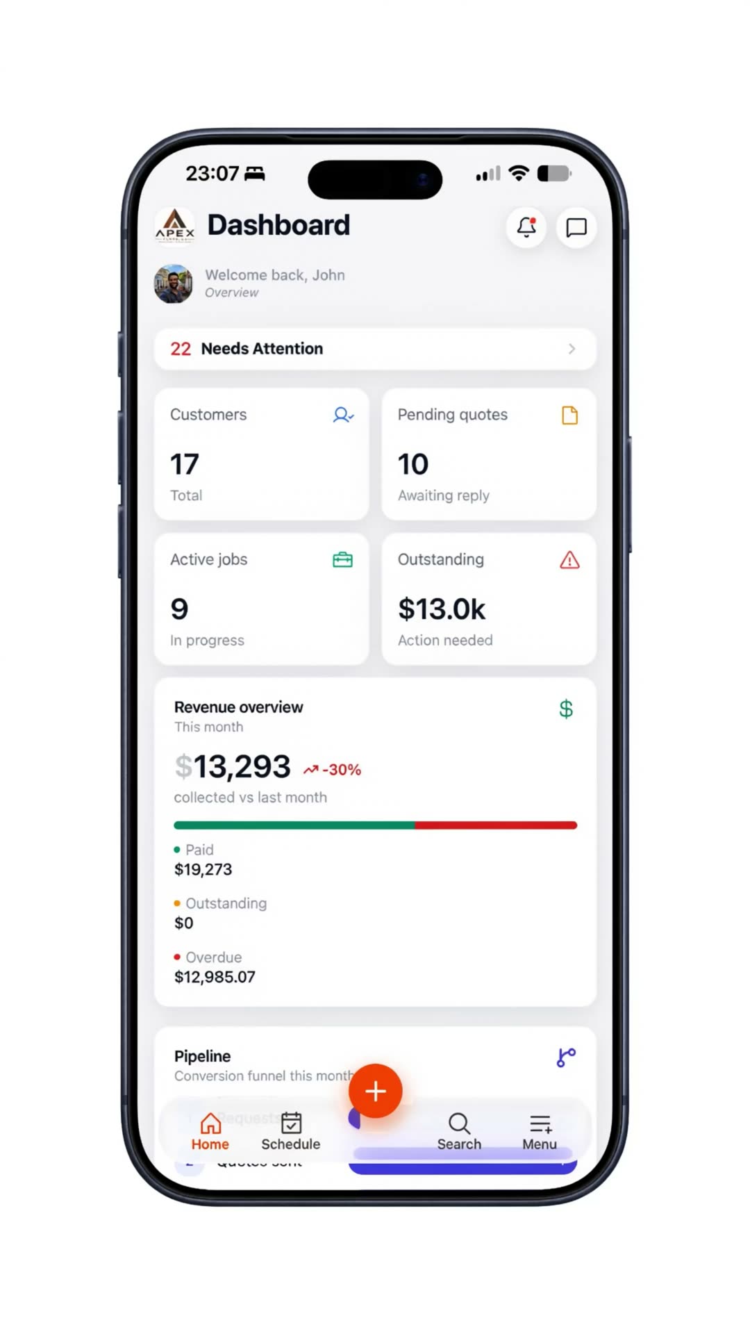 The Brivium dashboard on a phone, showing customers, pending quotes, active jobs and money outstanding